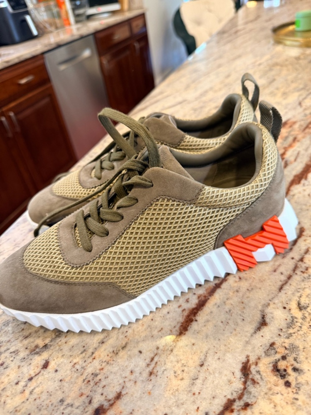 Women's Hermes Bouncing Sneaker Olive Mesh & Suede Sneakers